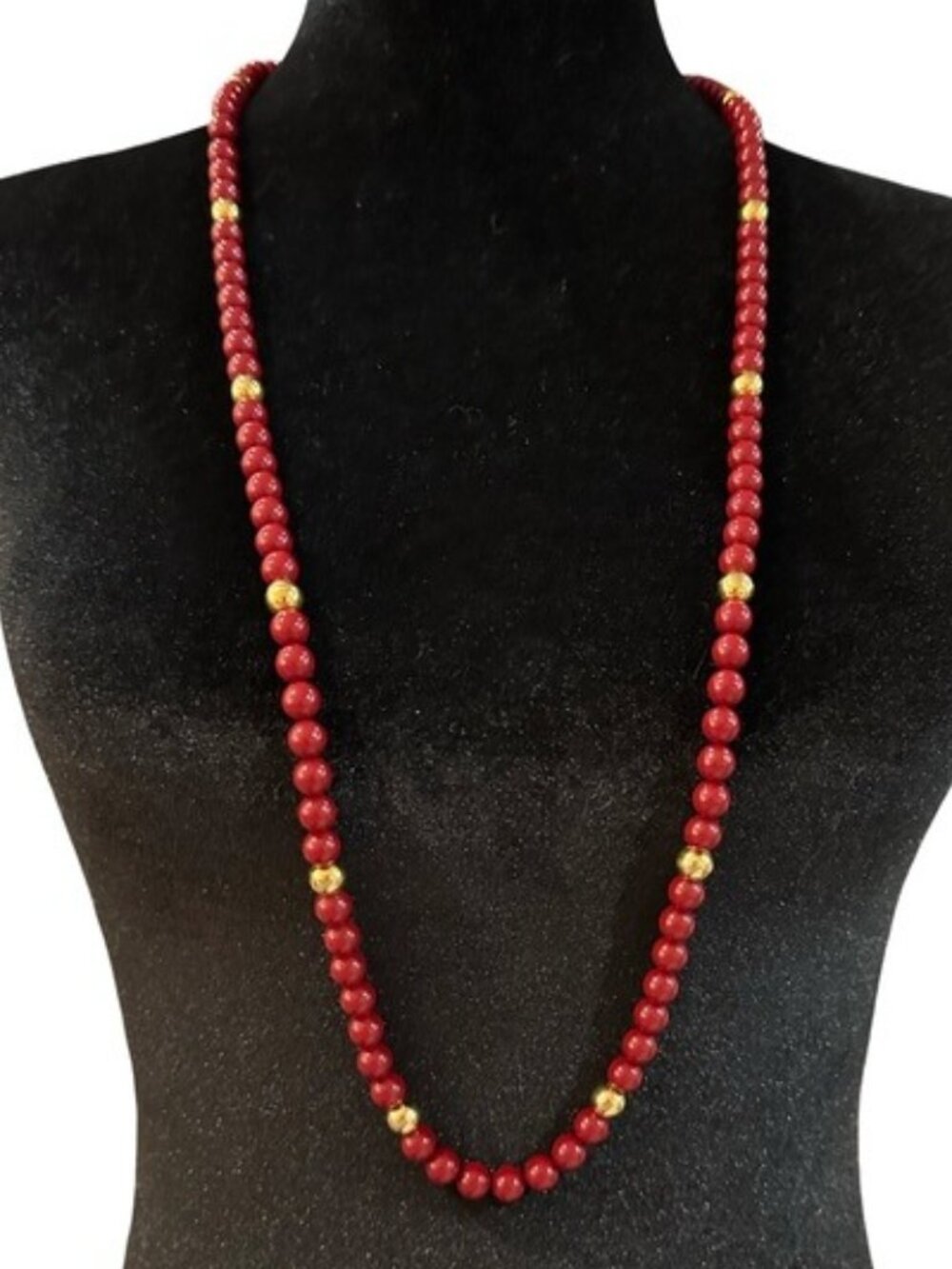 Vintage Trifari Necklace Dark Red Beaded Gold Tone 37 Inch Length Long Length